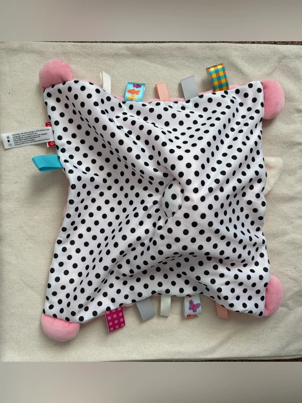 Funny Zoo Bunny Lovey Plush Baby Security Blanket Teether Taggie Tabs Dot Back